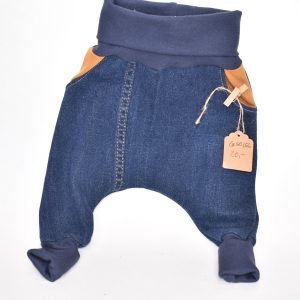Gr. 50/56 Jeans Pumphose dunkel mit beigen Taschen
