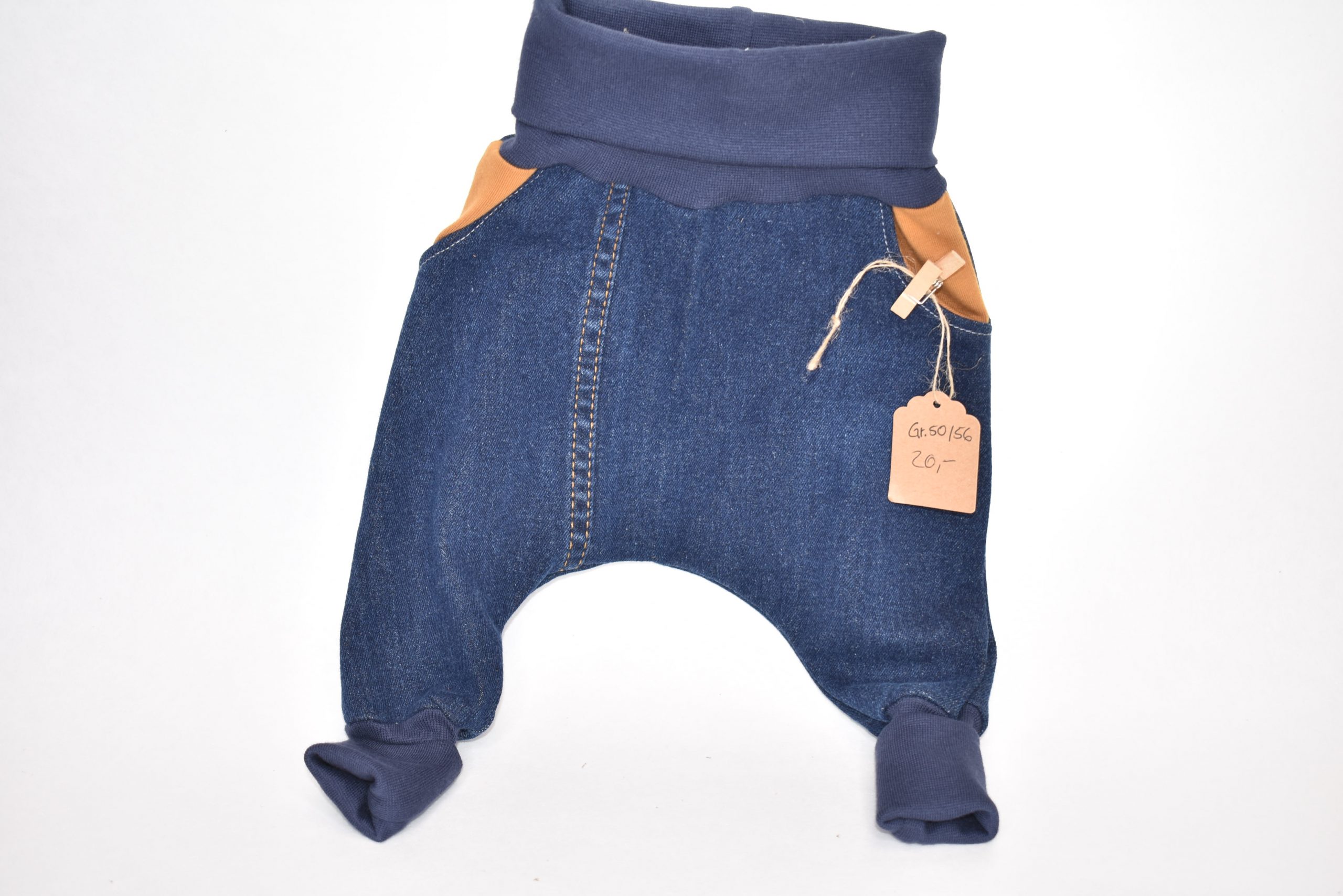 Gr. 50/56 Jeans Pumphose dunkel mit beigen Taschen
