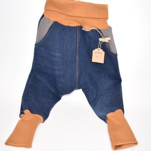 Gr. 74/80 Jeans Pumphose mit grauen Tasche und beigen B&uuml;ndchen